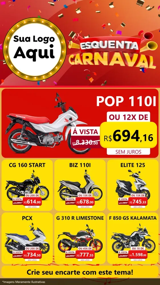 Modelo de Rede Social para Stories com o tema Esquenta Carnaval para Concessionaria de Motos