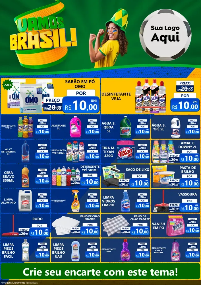 Modelo de Encarte para Encarte A4 Vertical com o tema Vamos Brasil - Copa para Produtos de Limpeza