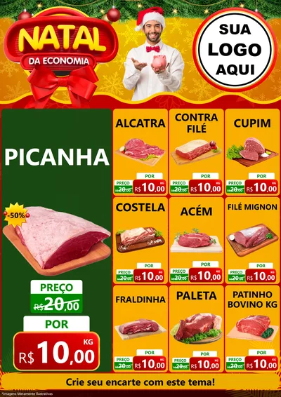 Modelo de Encarte para Encarte A4 Vertical com o tema Natal da Economia para Açougue