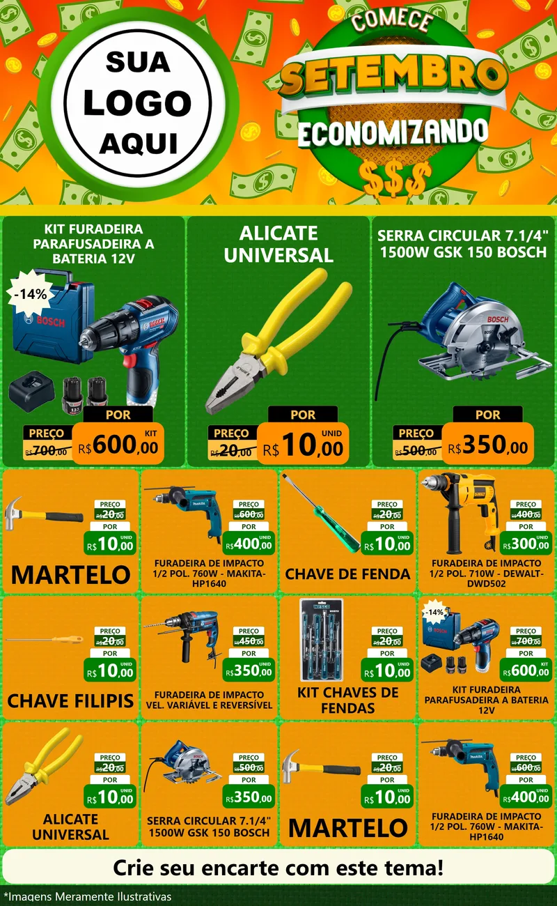 Modelo de Encarte para Encarte Grande com o tema Comece Setembro Economizando para Maquinas e Ferramentas