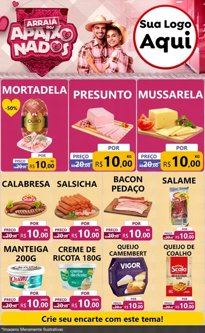 Modelo de Encarte para Encarte Grande com o tema Arraiá dos Apaixonados - Junina para Frios e Laticínios