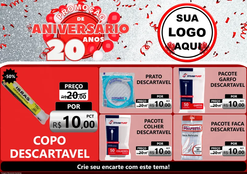 Modelo de Encarte para Encarte A4 Horizontal com o tema Promoção de Aniversário - 20 Anos para Embalagens