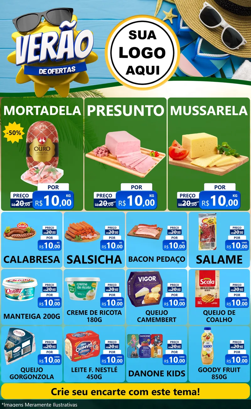 Modelo de Encarte para Encarte Grande com o tema Verão de Ofertas para Frios e Laticínios
