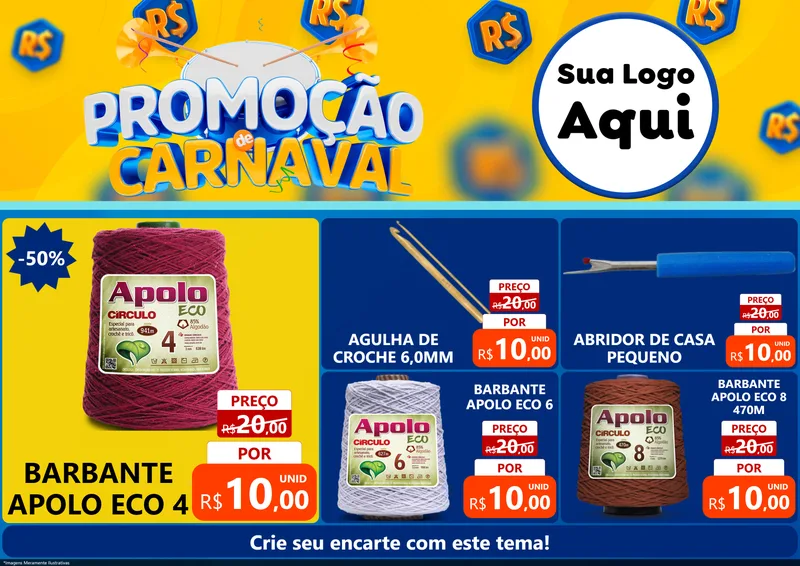 Modelo de Encarte para Encarte A4 Horizontal com o tema Promoção de Carnaval para Armarinho e Aviamentos