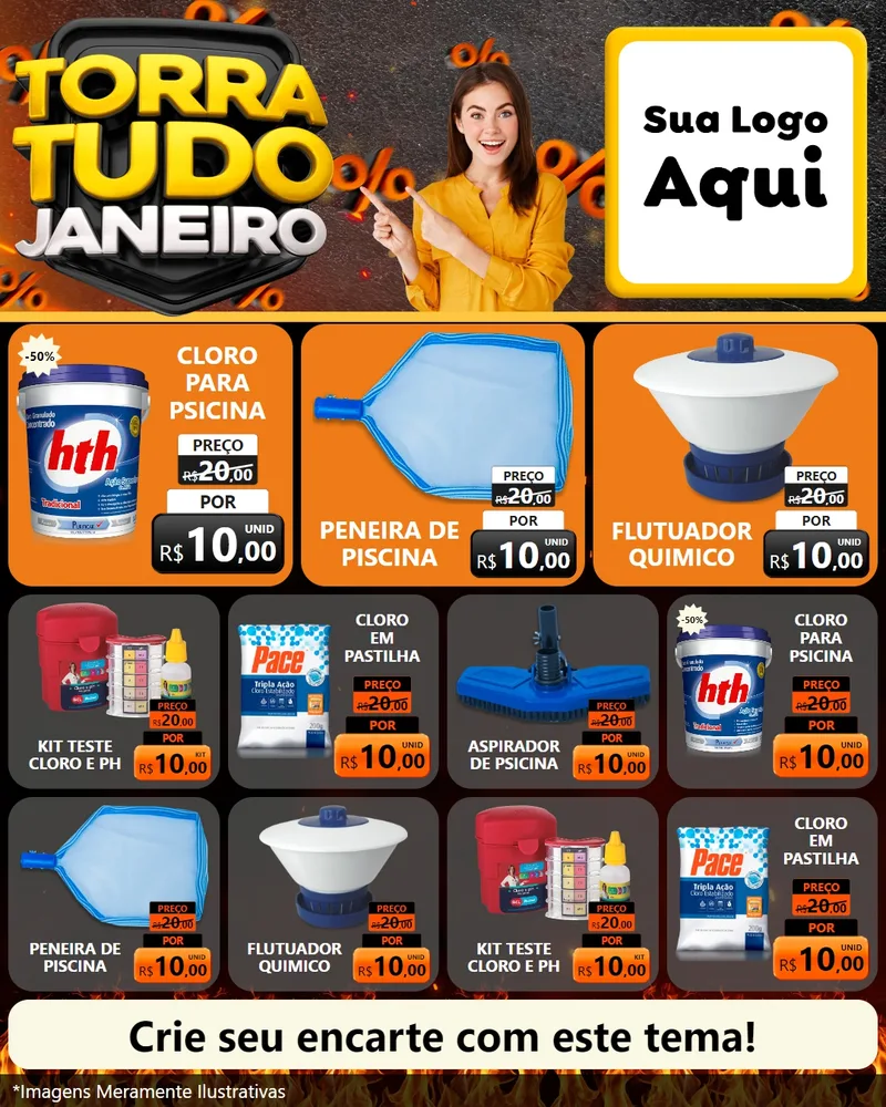 Modelo de Rede Social para Feed Instagram com o tema Torra Tudo Janeiro para Produtos para Piscina