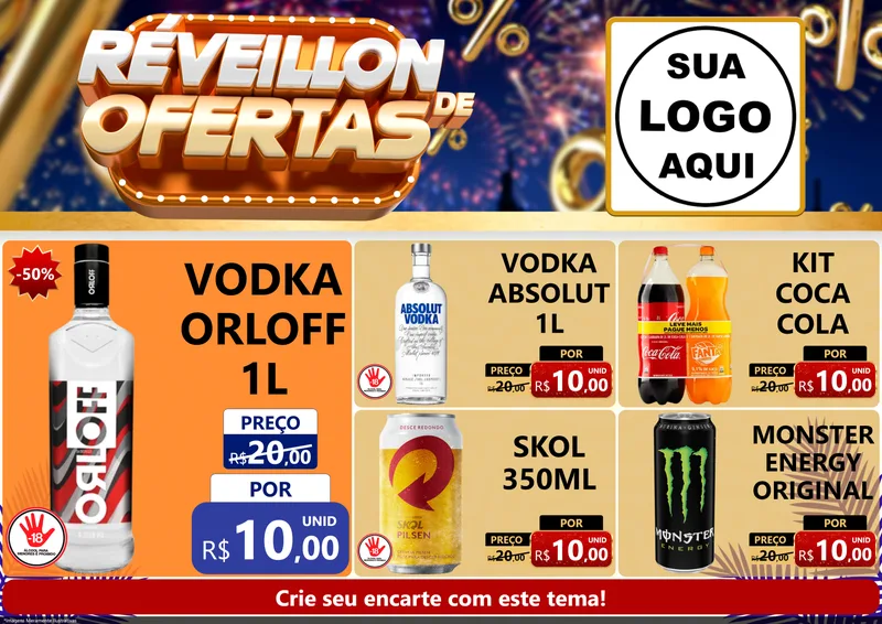 Modelo de Encarte para Encarte A4 Horizontal com o tema Réveillon de Ofertas para Distribuidora de bebidas