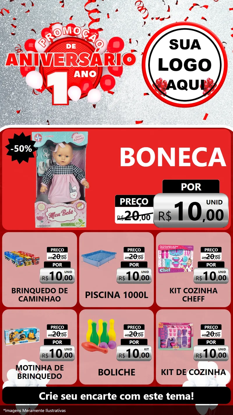 Modelo de Rede Social para Stories com o tema Promoção de Aniversário - 1 Ano para Brinquedos