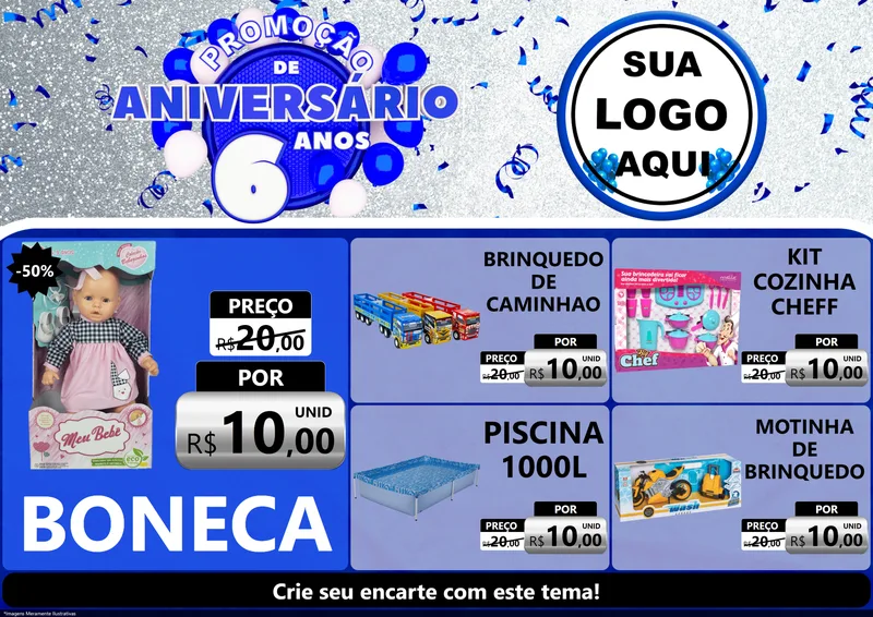 Modelo de Encarte para Encarte A4 Horizontal com o tema Promoção de Aniversário - 6 Anos para Brinquedos
