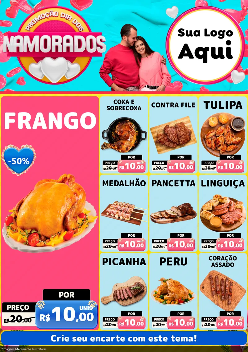 Modelo de Encarte para Encarte A4 Vertical com o tema Promoção Dia dos Namorados para Assados