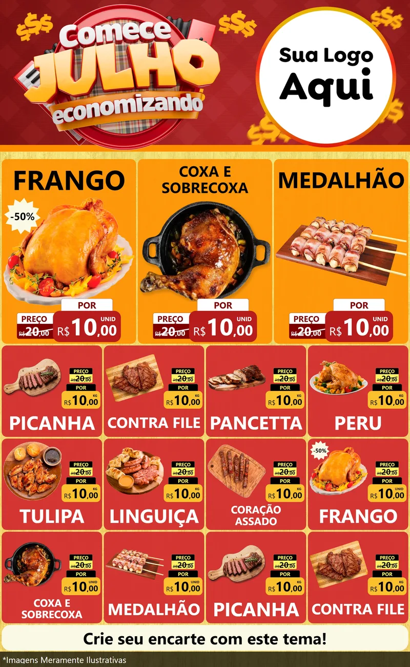Modelo de Encarte para Encarte Grande com o tema Comece Julho Economizando para Assados