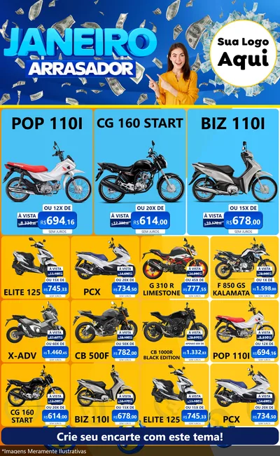 Modelo de Encarte para Encarte Grande com o tema Janeiro Arrasador para Concessionaria de Motos
