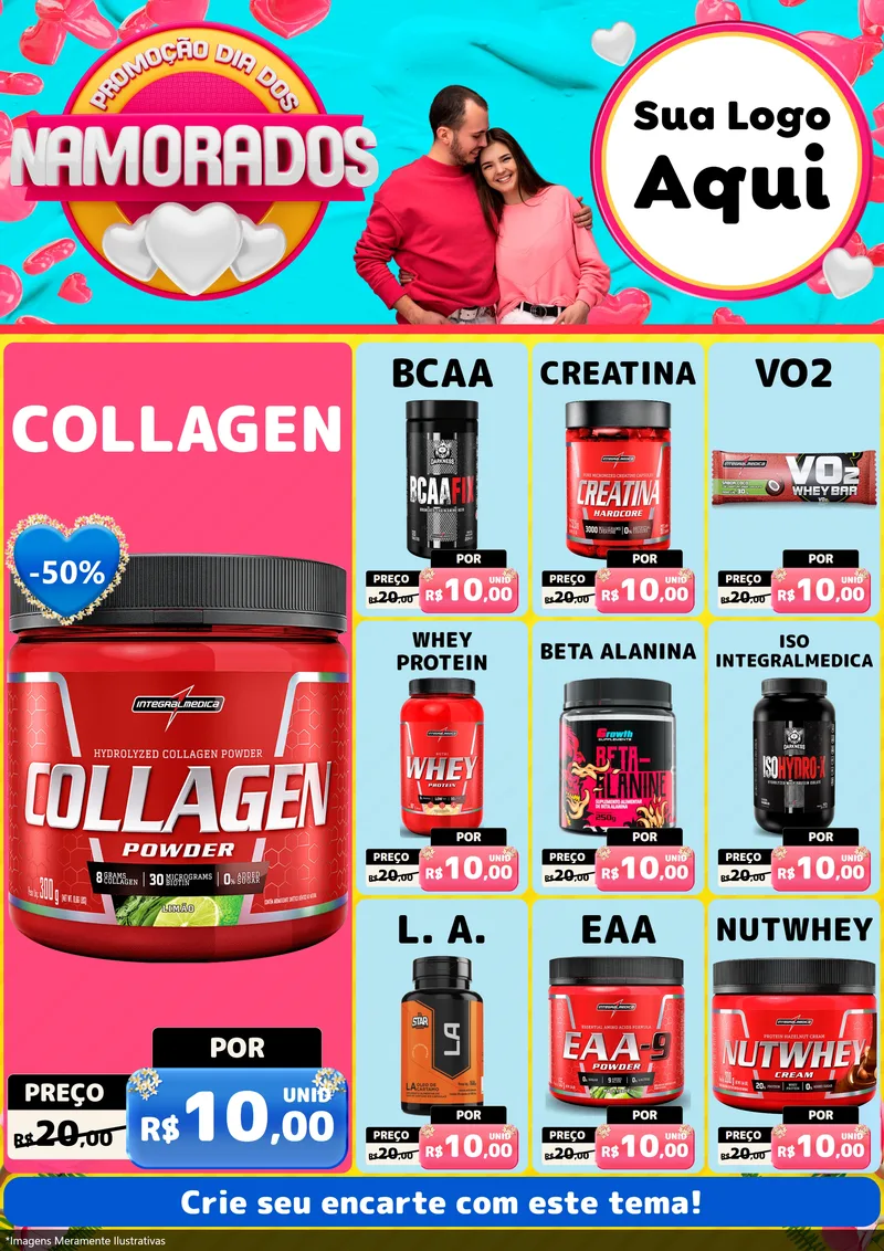 Modelo de Encarte para Encarte A4 Vertical com o tema Promoção Dia dos Namorados para Suplementos alimentares