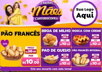 Modelo de Encarte para Encarte A4 Horizontal com o tema Dia das Mães com Desconto para Padaria