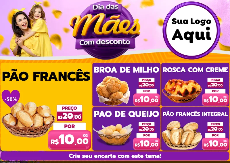 Modelo de Encarte para Encarte A4 Horizontal com o tema Dia das Mães com Desconto para Padaria