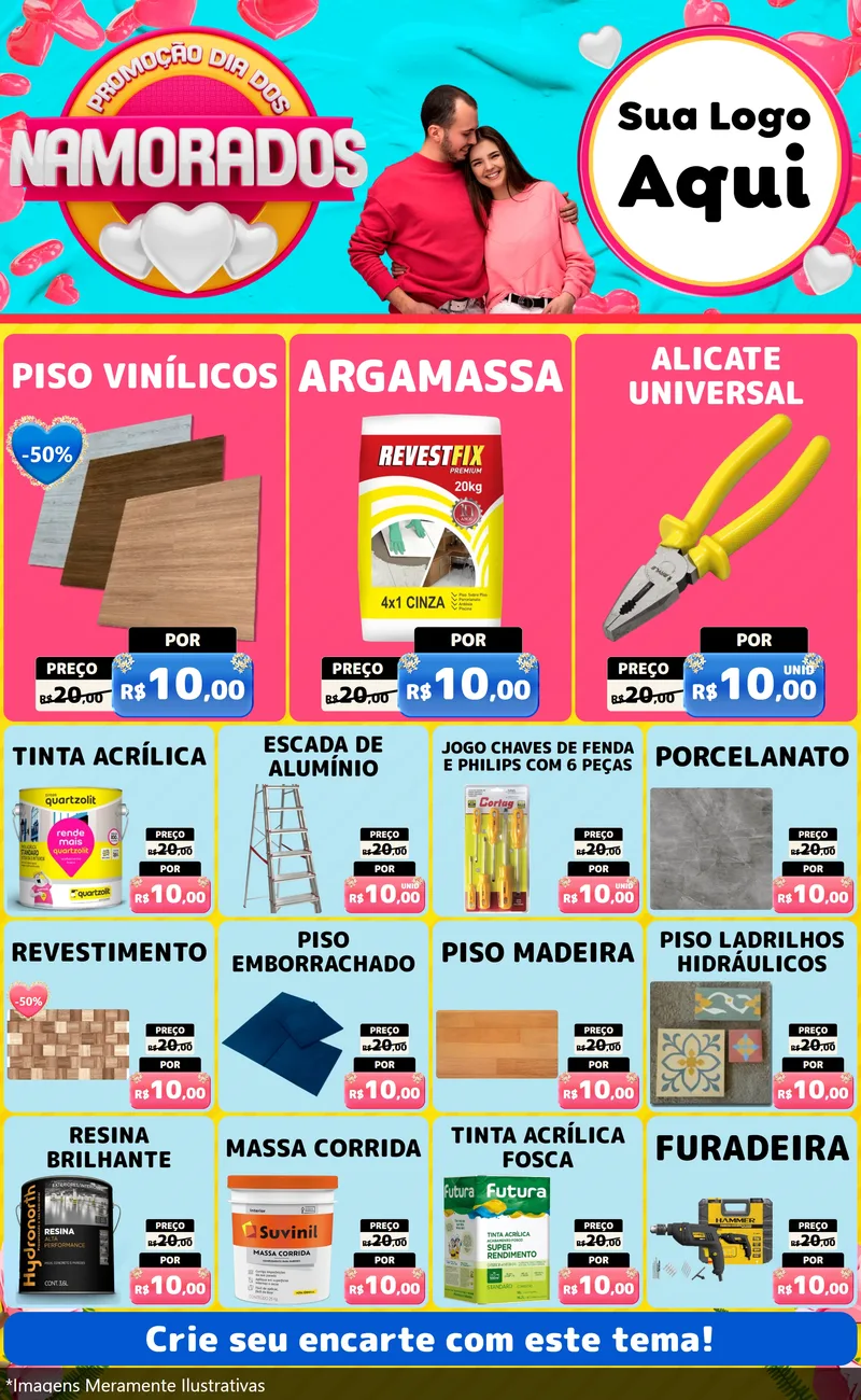 Modelo de Encarte para Encarte Grande com o tema Promoção Dia dos Namorados para Material para Construção