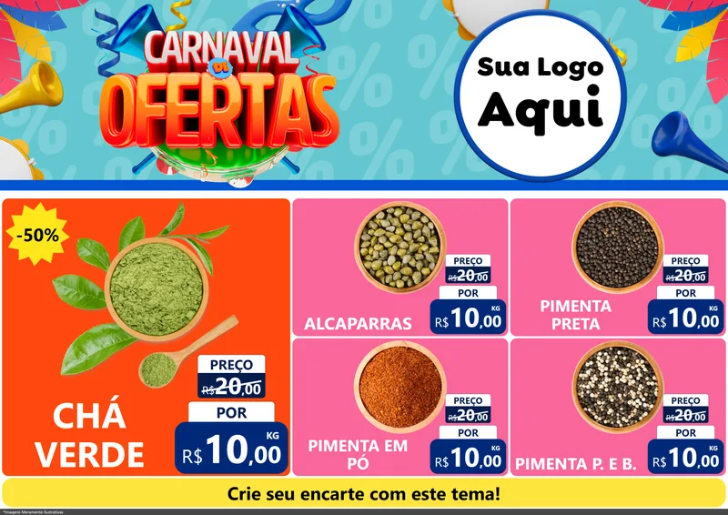 Modelo de Encarte para Encarte A4 Horizontal com o tema Carnaval de Ofertas para Produtos Naturais