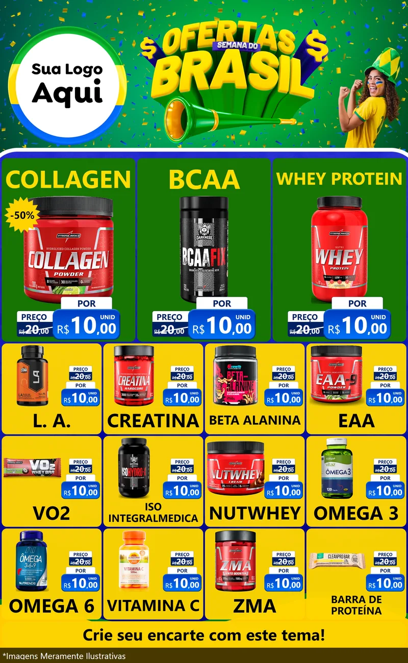 Modelo de Encarte para Encarte Grande com o tema Ofertas Semana do Brasil para Suplementos alimentares