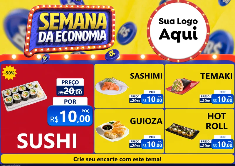 Modelo de Encarte para Encarte A4 Horizontal com o tema Semana da Economia para Comida japonesa