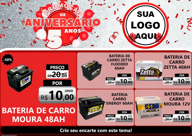 Modelo de Encarte para Encarte A4 Horizontal com o tema Promoção de Aniversário - 5 Anos para Baterias Elétricas