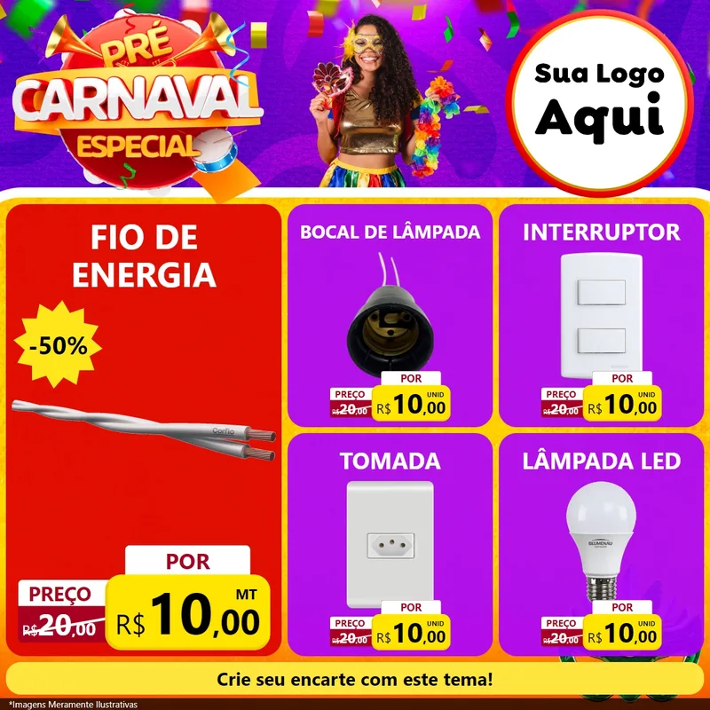 Modelo de Rede Social para Feed Facebook com o tema Pré-Carnaval Especial para Materiais Elétricos