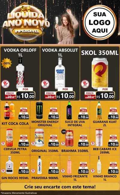 Modelo de Encarte para Encarte Grande com o tema Liquida Ano Novo Imperdível para Distribuidora de bebidas