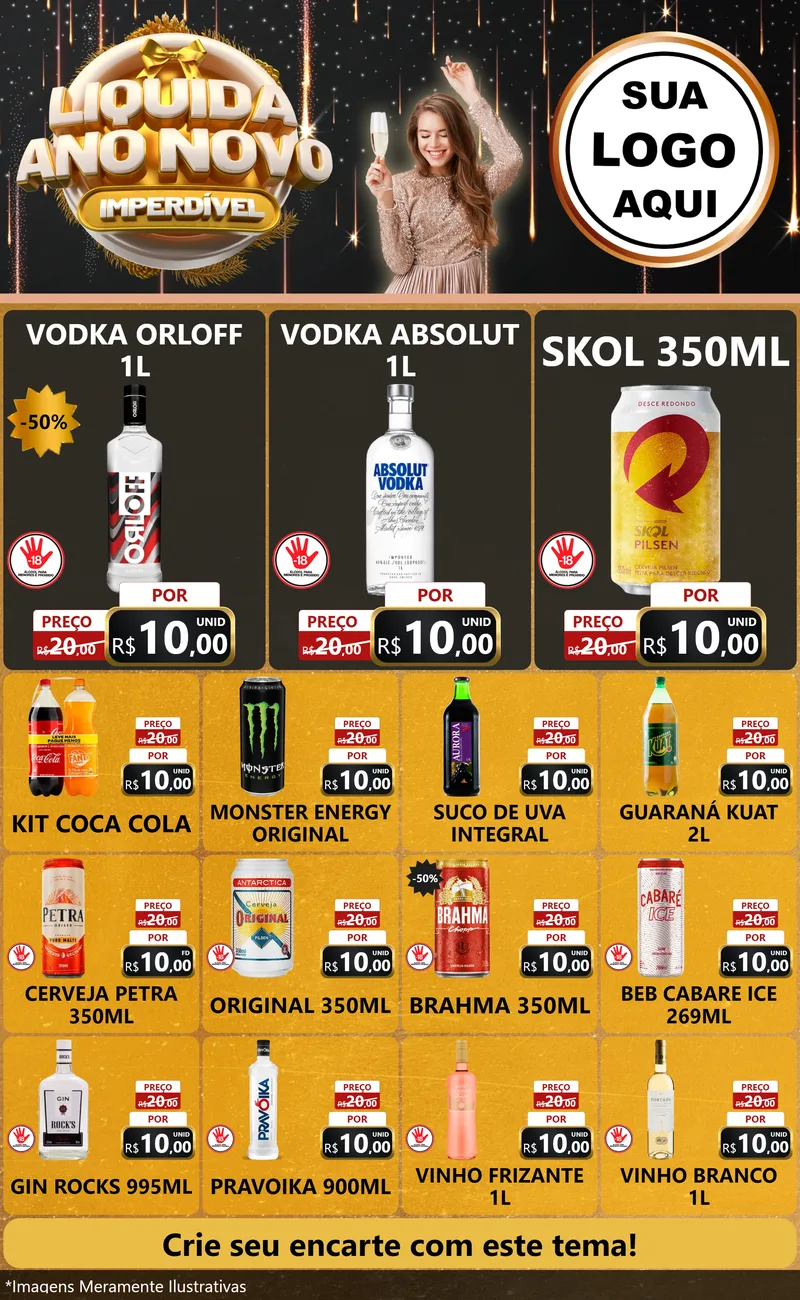 Modelo de Encarte para Encarte Grande com o tema Liquida Ano Novo Imperdível para Distribuidora de bebidas