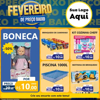 Modelo de Rede Social para Feed Facebook com o tema Fevereiro de Preço Baixo para Brinquedos