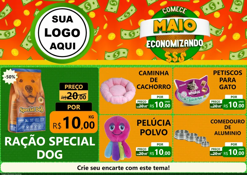 Modelo de Encarte para Encarte A4 Horizontal com o tema Comece Maio Economizando para Pet Shop