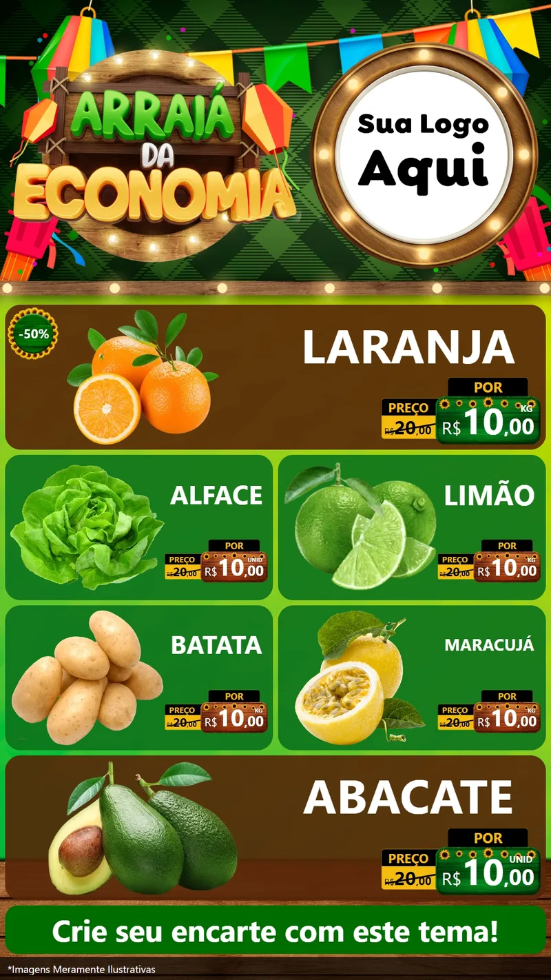 Modelo de TV para TV Vertical com o tema Arraiá de Economia para Hortifrúti