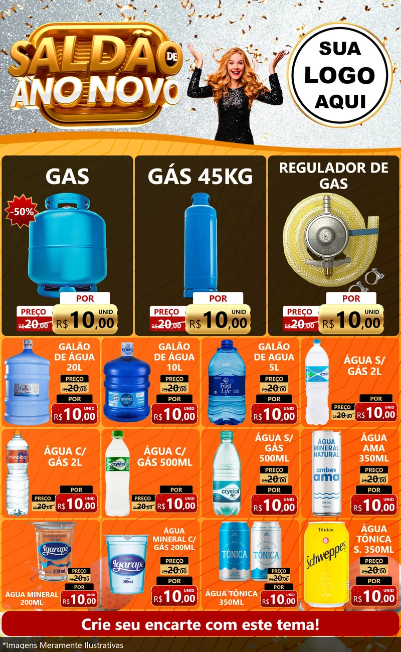 Modelo de Encarte para Encarte Grande com o tema Saldão de Ano Novo para Água e gás