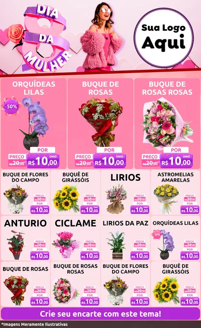Modelo de Encarte para Encarte Grande com o tema Dia da Mulher para Floricultura e jardim