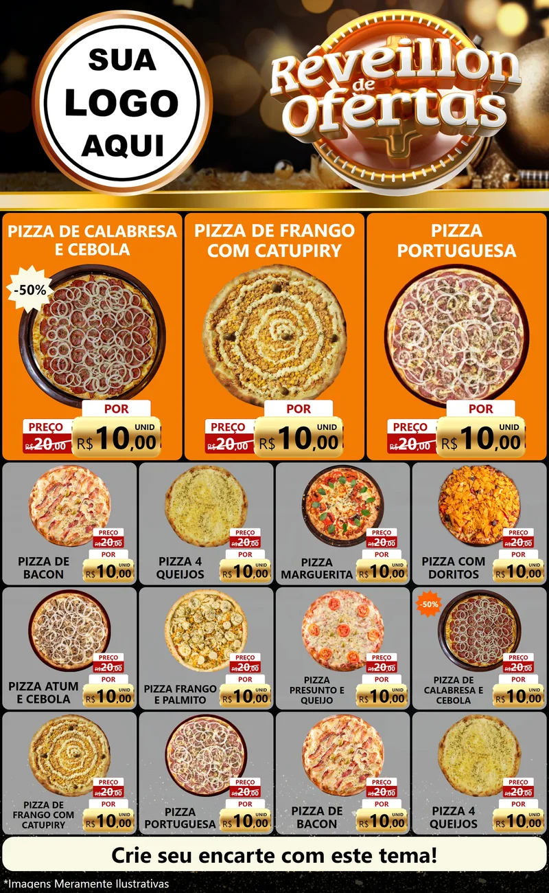 Modelo de Encarte para Encarte Grande com o tema Réveillon de Ofertas para Pizzaria
