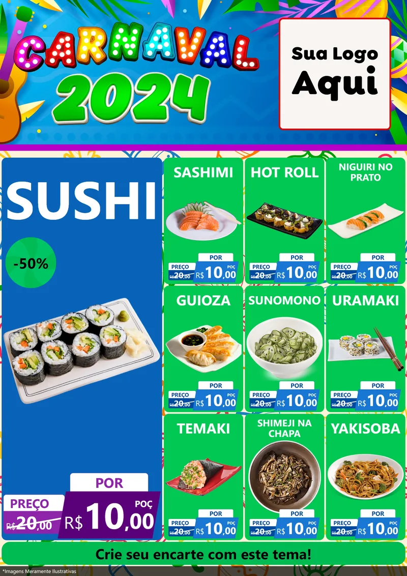 Modelo de Encarte para Encarte A4 Vertical com o tema Carnaval 2027 para Comida japonesa