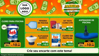 Modelo de TV para TV Horizontal com o tema Comece Janeiro Economizando para Produtos para Piscina