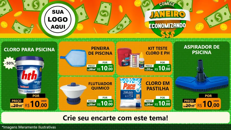 Modelo de TV para TV Horizontal com o tema Comece Janeiro Economizando para Produtos para Piscina