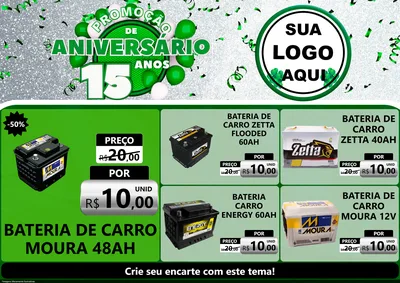 Modelo de Encarte para Encarte A4 Horizontal com o tema Promoção de Aniversário - 15 Anos para Baterias Elétricas