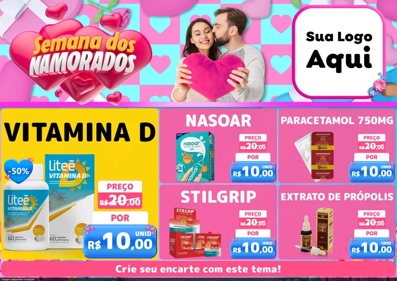 Modelo de Encarte para Encarte A4 Horizontal com o tema Semana dos Namorados para Farmácia