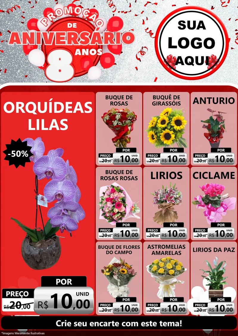 Modelo de Encarte para Encarte A4 Vertical com o tema Promoção de Aniversário - 8 Anos para Floricultura e jardim