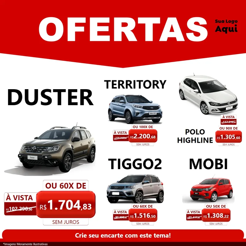 Modelo de Rede Social para Feed Facebook com o tema Ofertas Vermelho Cartaz para Concessionaria de Carros