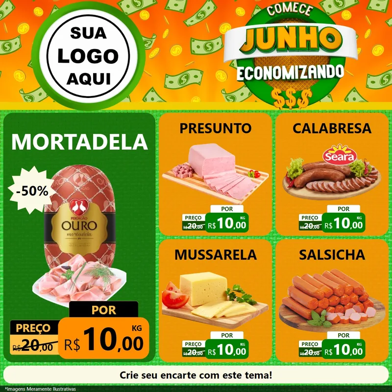 Modelo de Rede Social para Feed Facebook com o tema Comece Junho Economizando para Frios e Laticínios