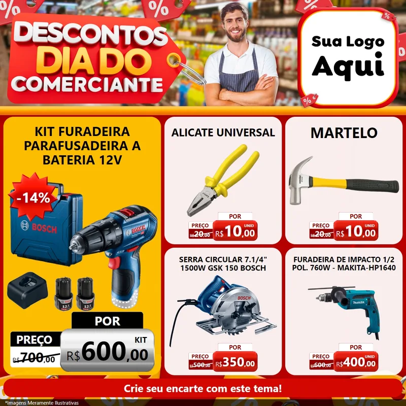 Modelo de Rede Social para Feed Facebook com o tema Descontos Dia do Comerciante para Maquinas e Ferramentas