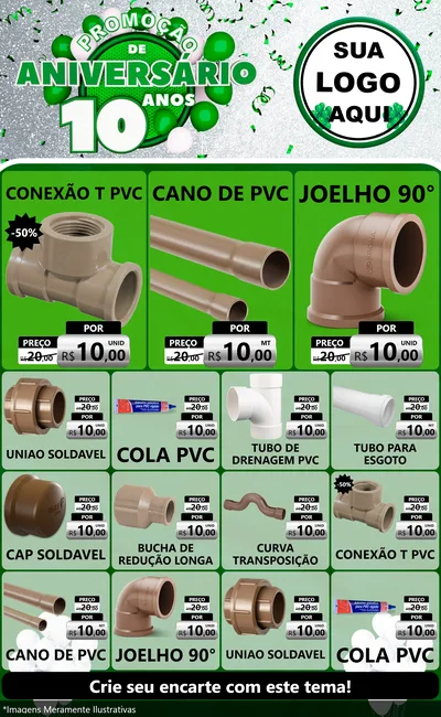 Modelo de Encarte para Encarte Grande com o tema Promoção de Aniversário - 10 Anos para Tubos e conexões