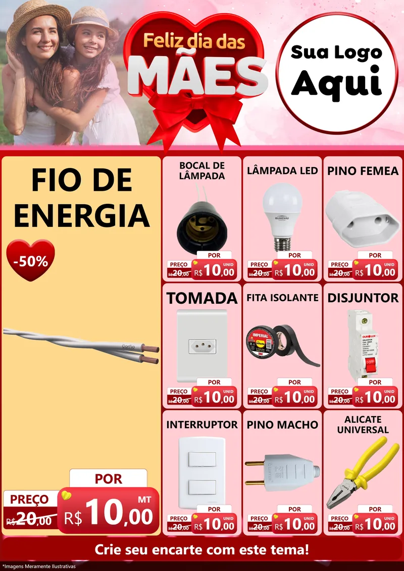 Modelo de Encarte para Encarte A4 Vertical com o tema Feliz Dia Das Mães para Materiais Elétricos