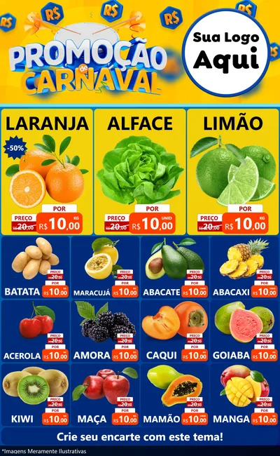 Modelo de Encarte para Encarte Grande com o tema Promoção de Carnaval para Hortifrúti