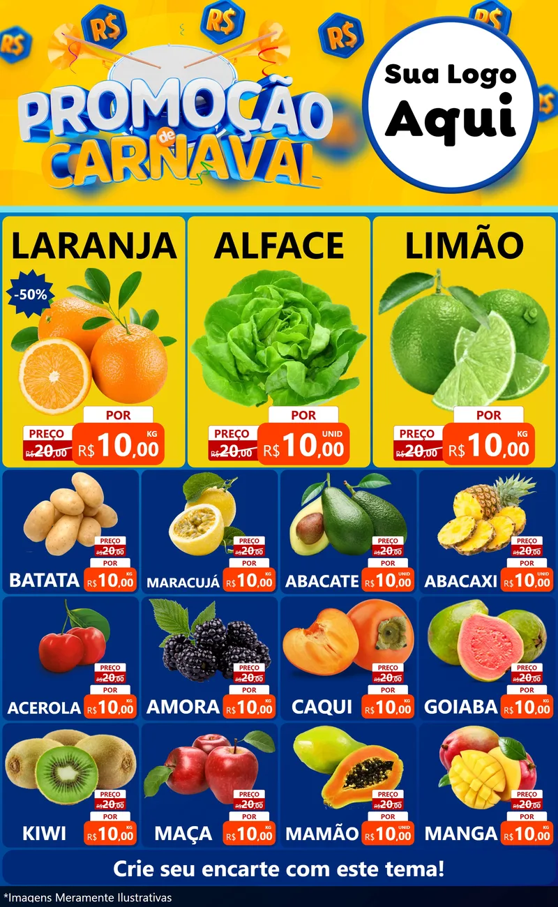Modelo de Encarte para Encarte Grande com o tema Promoção de Carnaval para Hortifrúti