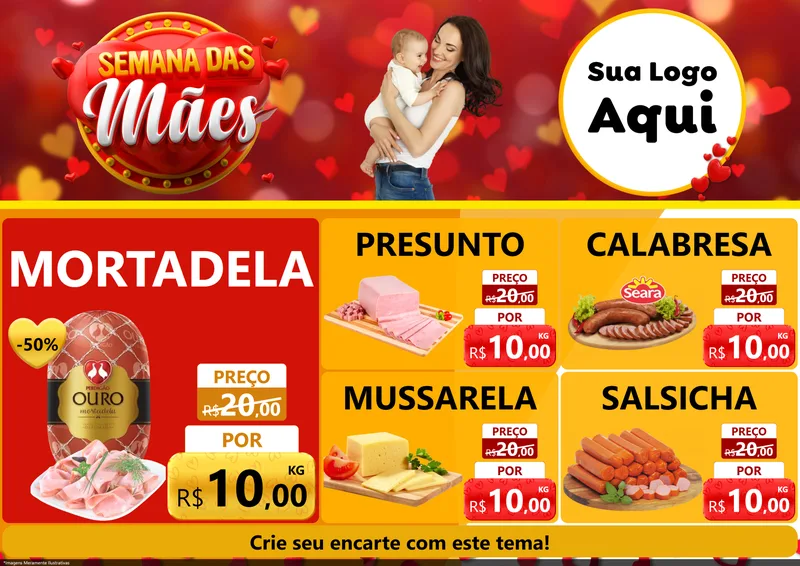 Modelo de Encarte para Encarte A4 Horizontal com o tema Semana das Mães para Frios e Laticínios