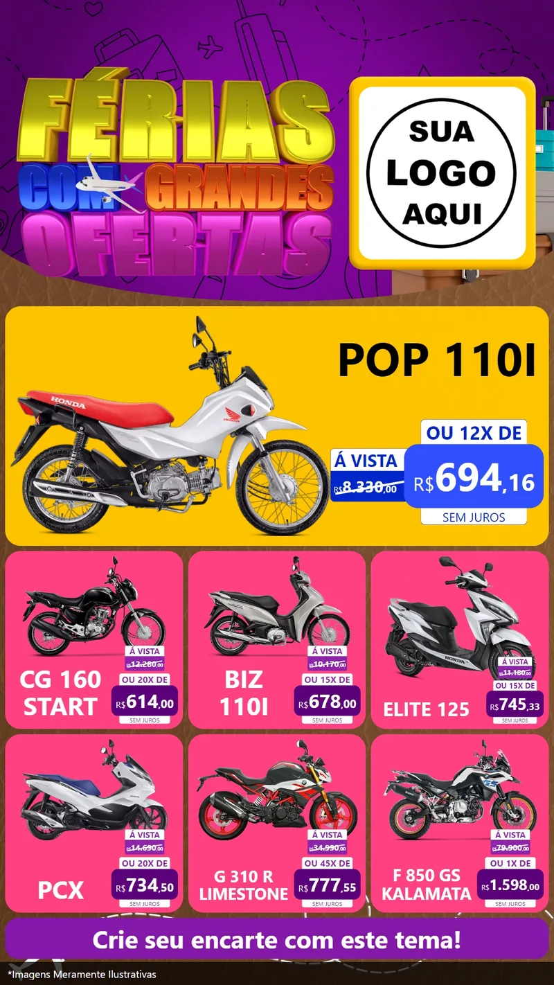 Modelo de Rede Social para Stories com o tema Férias com Grandes Ofertas para Concessionaria de Motos