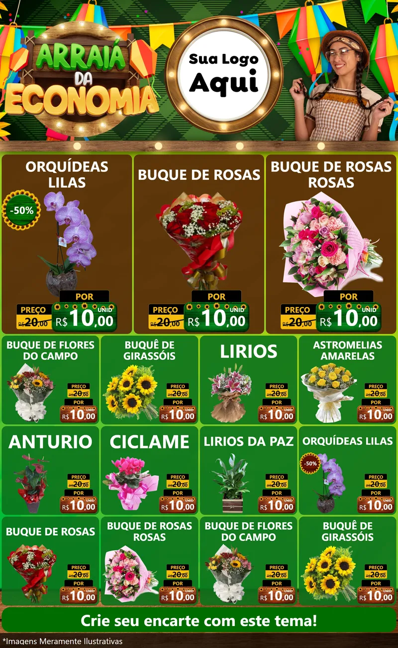 Modelo de Encarte para Encarte Grande com o tema Arraiá de Economia para Floricultura e jardim