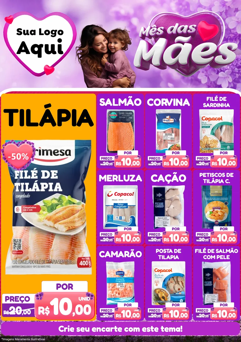 Modelo de Encarte para Encarte A4 Vertical com o tema Mês das Mães para Peixaria