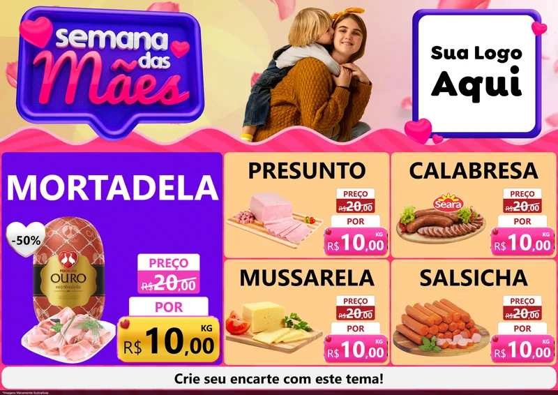 Modelo de Encarte para Encarte A4 Horizontal com o tema Semana das Mães para Frios e Laticínios